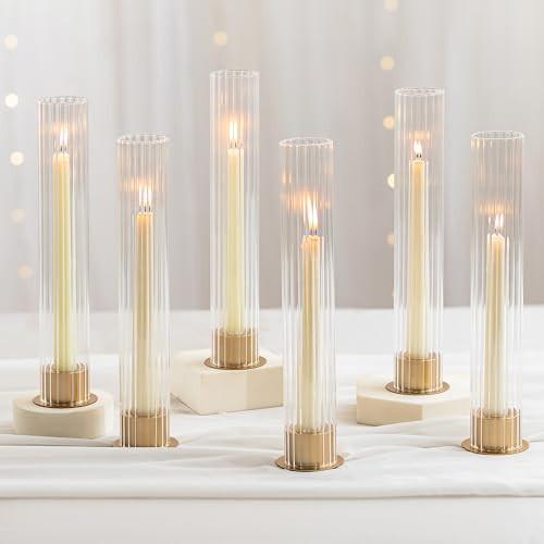 NUPTIO Candlestick Holder with Fluted Hurricane: Set of 6 Metal Candle Holders with Glass Cylinders - Gold Taper Candleholders for Birthday Valentine Wedding Table Centerpiece Outdoor Decor | Amazon (US)