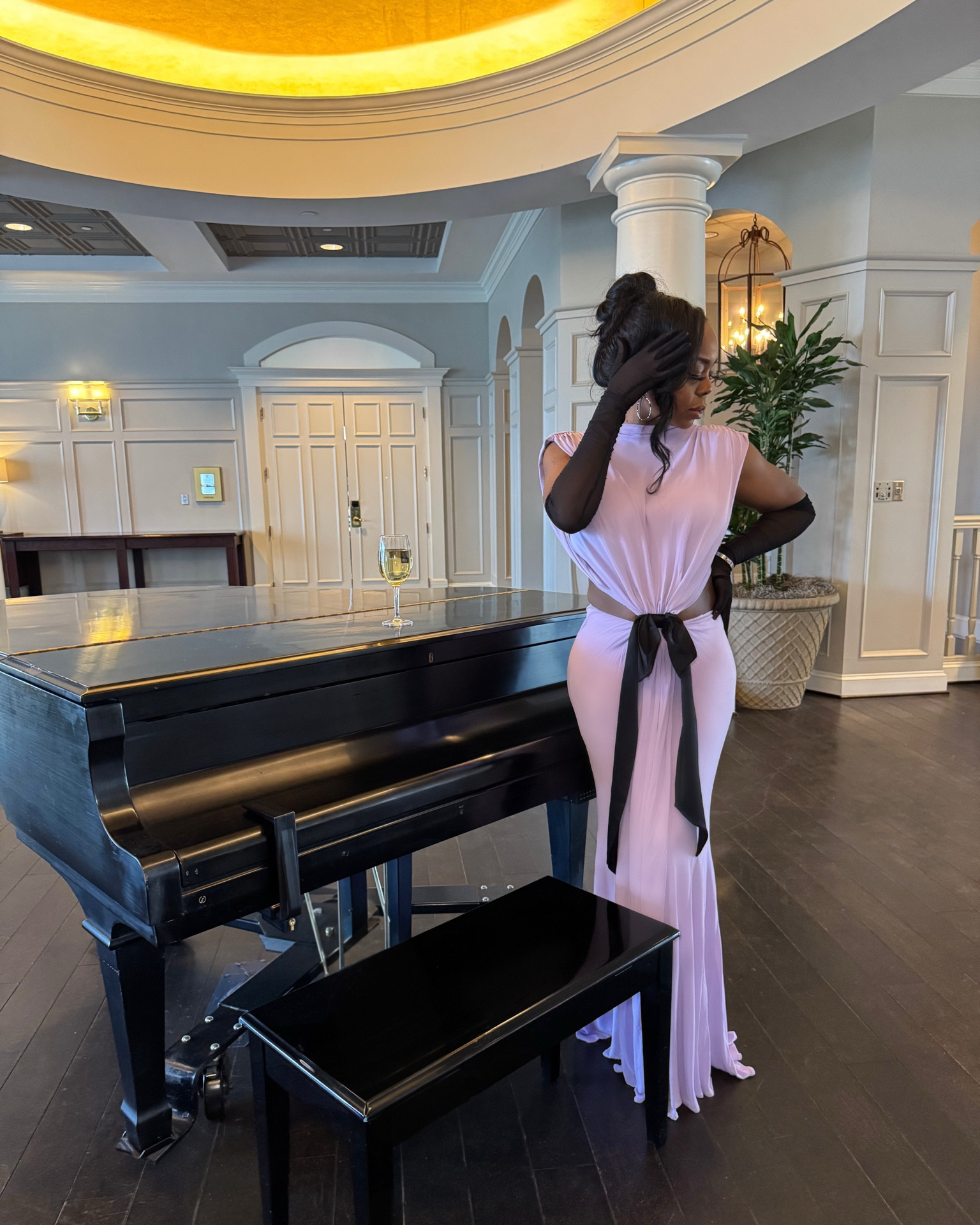 Wearing a size S (usually an M; you can stay true to size or go down a size based on draping and fit preference) . Height: 5’6.5" and have on 4 in. heels 

Make sure the bow is presently outward or wear the bow dropped as pictured; you can also add gloves and accessories of your choosing. You can also get the look as a 2 piece set (linked below). 

#LTKStyleTip