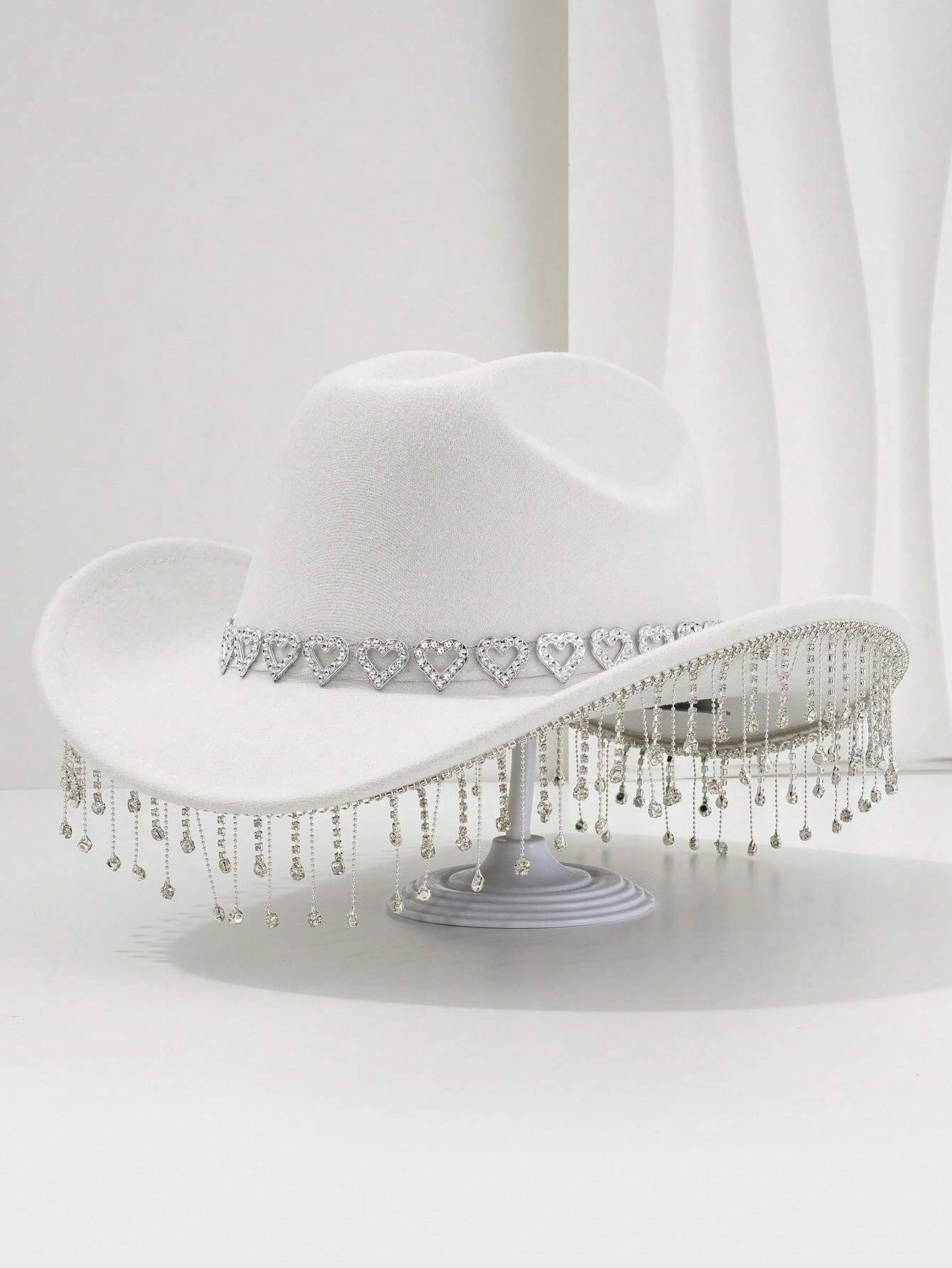 1pc Elegant Cowgirl Hat With Heart-Shaped Rhinestone Decoration, Tassel And Rhinestone Details, I... | SHEIN