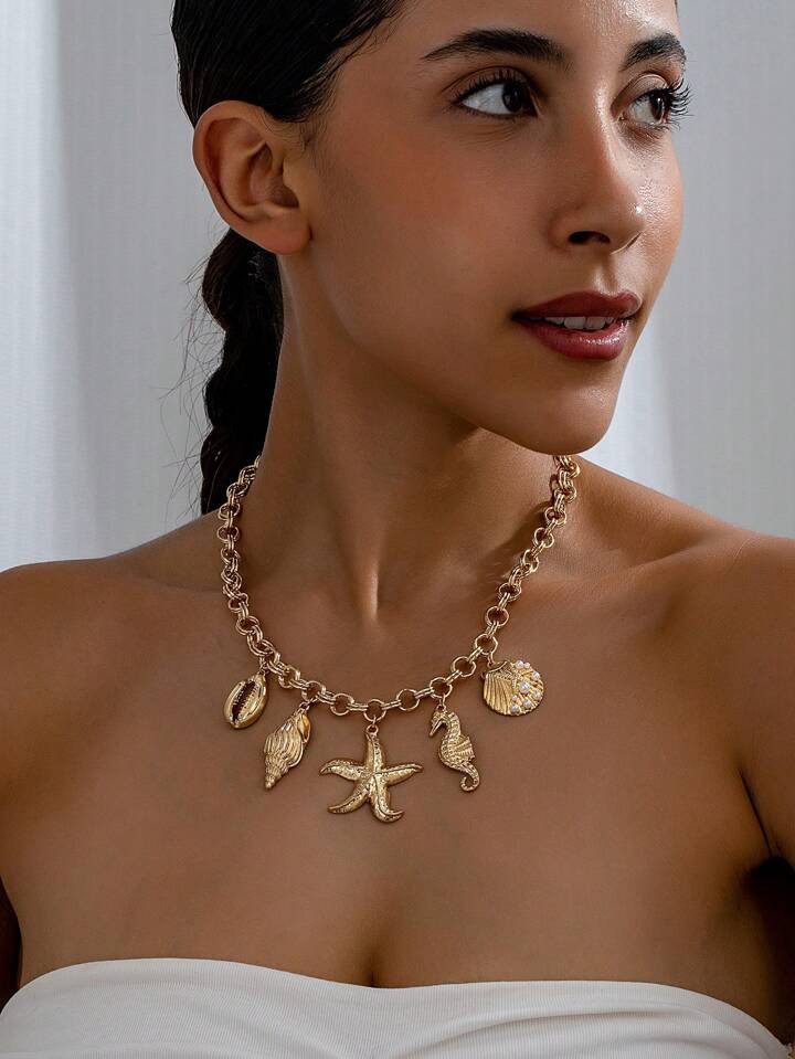 1pc Fashionable & Versatile Seaside Style Necklace Featuring Pearls, Seashells, Seahorses And Sta... | SHEIN