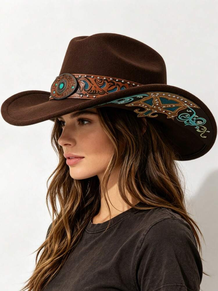 A Women's Stylish New Belt With Rivet Embroidery Brim Patch Decorated Top Hat, European And American Style Western Cowboy Hat, Jazz Hat, Suitable For Parties, Western-Themed Events, Gatherings, Role-Playing, Graduation Ceremonies, Masquerade Balls, Festivals, Birthday Celebrations, Music Festivals, Travel And Mountaineering, Sports Events | SHEIN