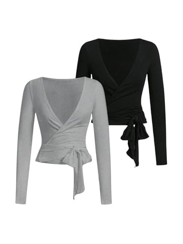Amazon.com: SweatyRocks Women's Pilates Outfits Wrap Tops Ballet Yoga Coquette Shirt Cute Long Sl... | Amazon (US)