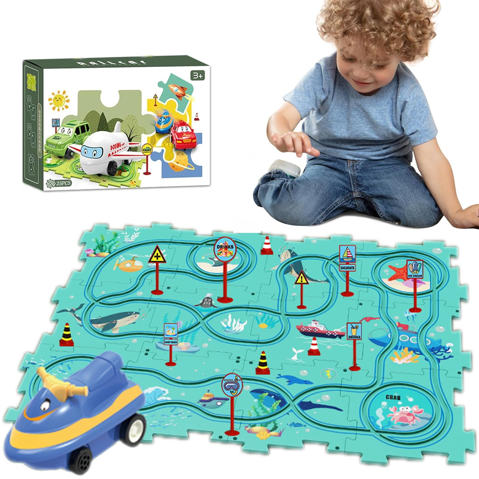 25PCS Puzzle Racer Kids Car Track Set, Ocean Series Jigsaw Puzzle Racer Car Track Set Puzzle Trac... | Amazon (US)
