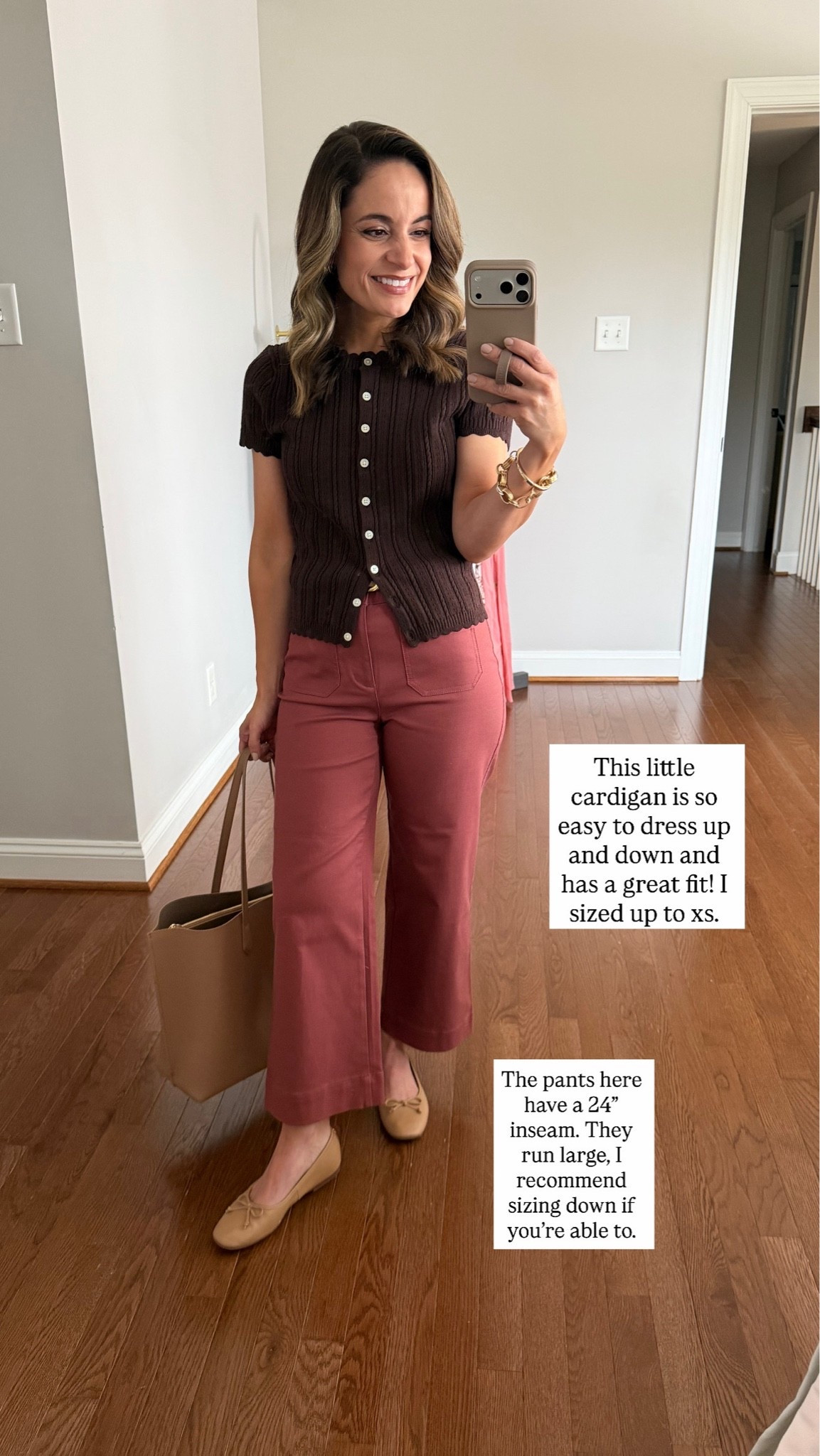 I heard you were looking for summer tops you can wear untucked! 

Cardigan: xs 
Pants: petite 00/24 - 24” inseam, size down if you can 

My measurements for reference: I’m 4’10” and 105lbs. My bust, waist, and hip measurement is 32”, 24”, and 36”.