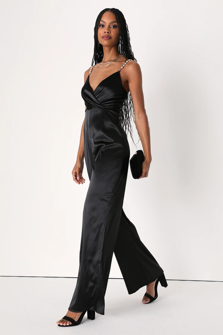 Sultry Show-Off Black Satin Pearl Strap Surplice Jumpsuit Wedding Guest Dress Winter Outfits 2023 | Lulus (US)