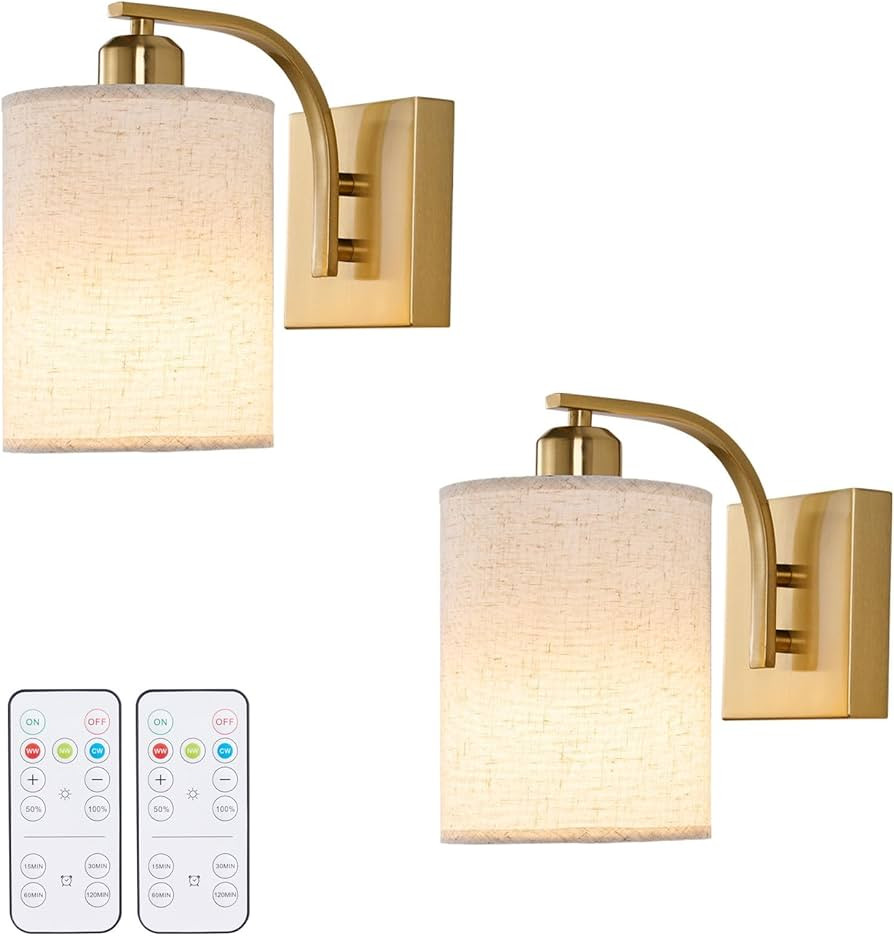 Gold Rechargeable Battery Operated Wall Sconces Set of 2 with Remote, Wireless Dimmable Battery P... | Amazon (US)