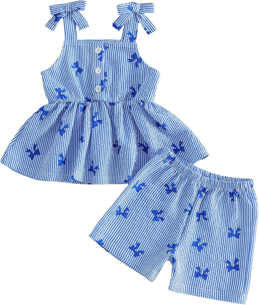Adobabirl Little Baby Girl Summer Clothes Toddler Outfits Bow Print Sleeveless Ruffle Tank Tops a... | Amazon (US)