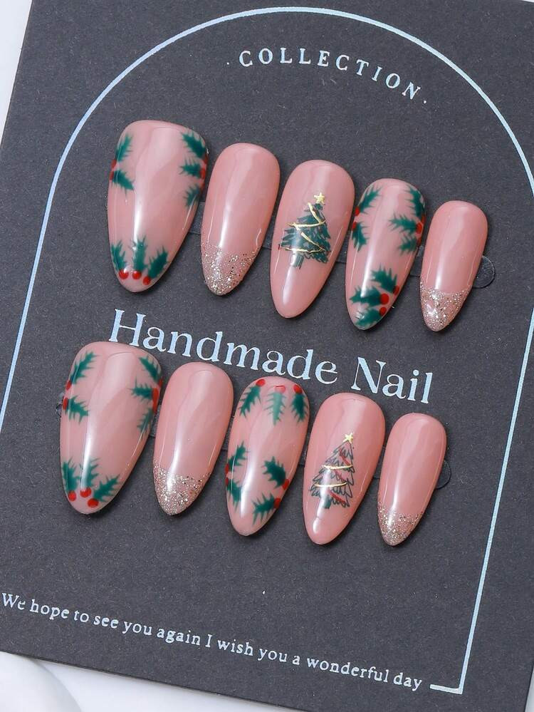 10pcs/Set Press On Almond Shaped Nail Tips, Christmas Themed Designs Featuring Hand Painted Christmas Trees With Fine Glitter. These Luxury, Purely Handcrafted Press On Nails Exude A Spicy And Y2K Inspired Charm, Presenting An Air Of Elegance. They Are Ideal For Both Women And Girls | SHEIN