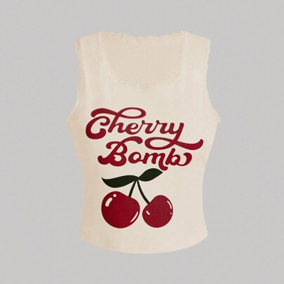 Women's Cherry Pattern Lace Trim Camisole Top Cherry Bomb | SHEIN