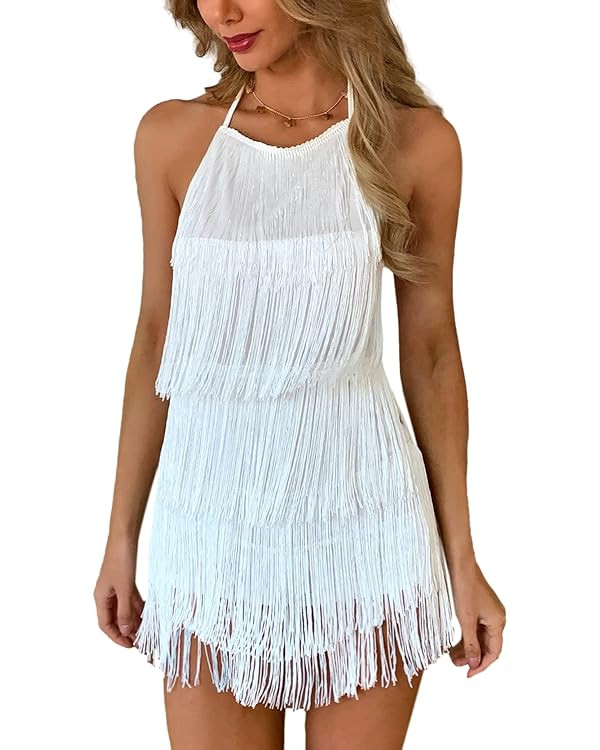 Sexy Backless Fringe Dress Jumpsuit - Womens Club Boho Tassel Tiered Halter Playsuit Festival Bod... | Amazon (US)