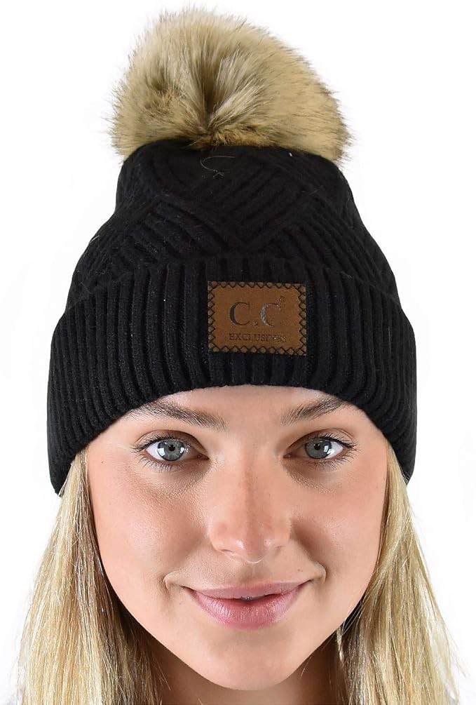C.C Diagonal Criss Cross Pattern Suede Patch Snuggly Soft Pom Cuff Beanie | Amazon (US)