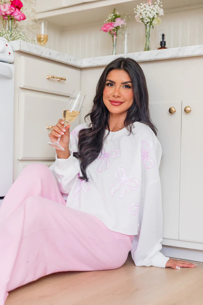 Bows Forever Ivory And Pink Sequin Bow Patch Pullover | Pink Lily