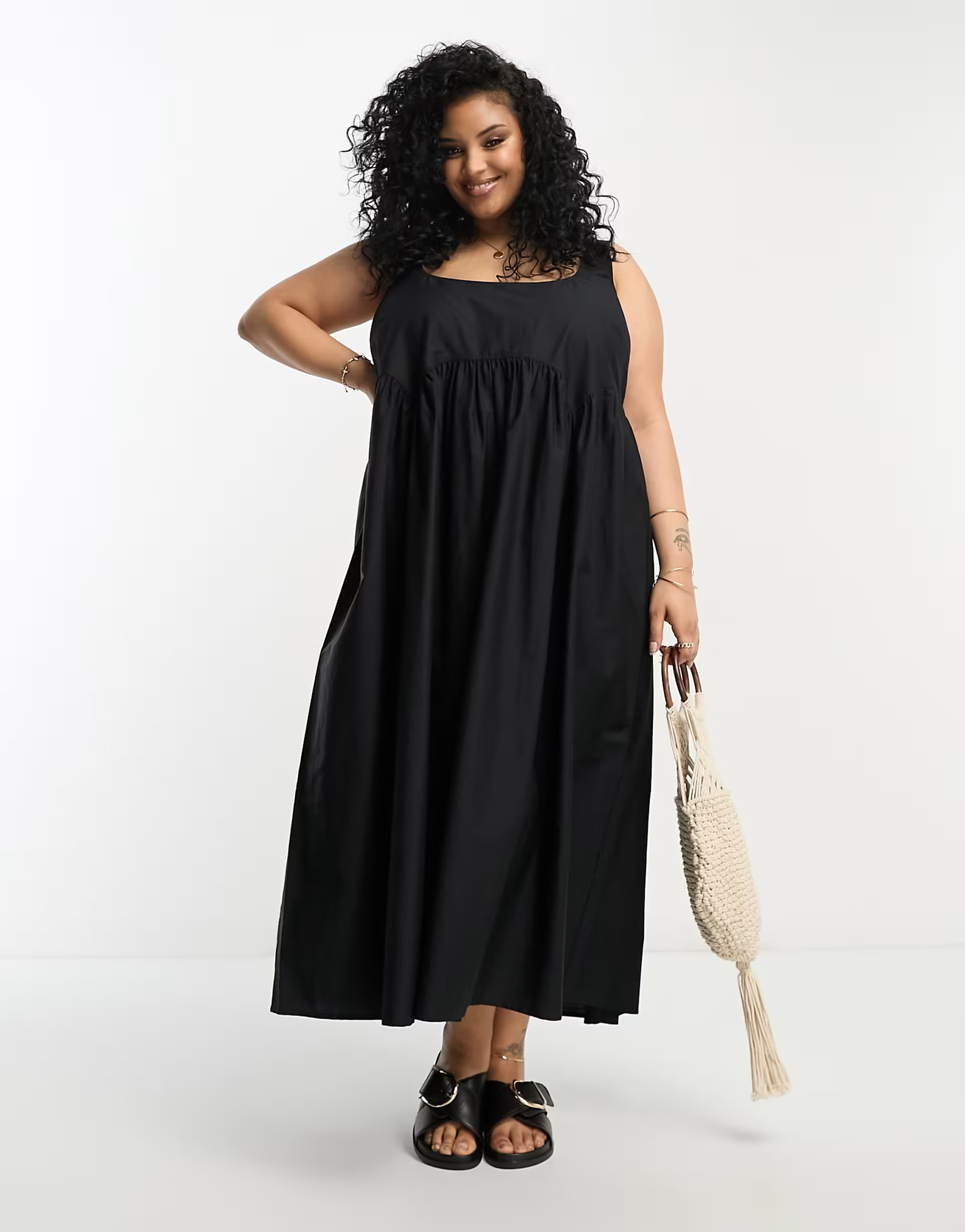 ASOS DESIGN Curve square neck midi smock sundress in black | ASOS (Global)