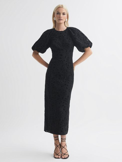 Florere Velvet Lace Puff Sleeve Midi Dress in Black | Reiss UK