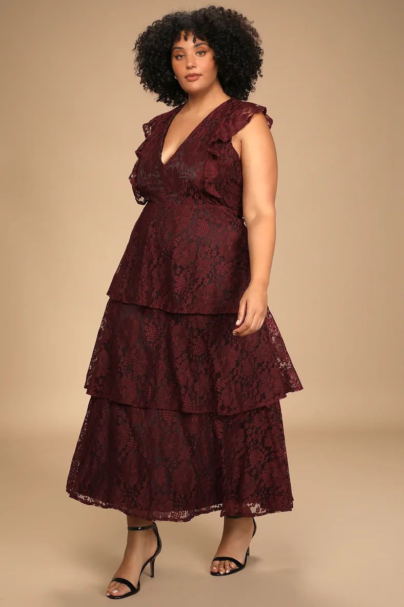 Molinetto Burgundy Lace Ruffled Tiered Sleeveless Maxi Dress | Lulus (US)