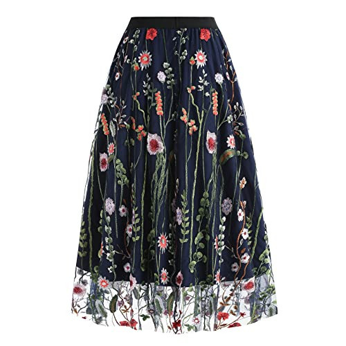 Floral Embroidery Layered Skirt Women's Mesh Skirt Spring Summer High Waist Embroidered Flower Tulle Tutu Skirt A-Line Midi Skirt Mesh Party Skirt 50s Skirts Vintage Embroidery Blue XXL | Amazon (US)