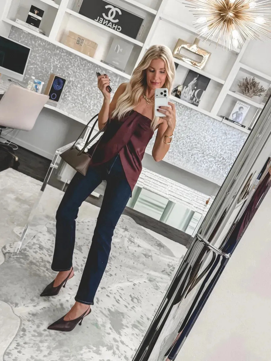 Fall's hottest denim trend? Dark denim — and I'm bringing it from day to night 🖤👖 I did these Quince $50 dark straight leg jeans for a date night/girls' night out look — love that they come in multiple lengths, I'm 5'4" wearing a 24x28. Paired them with a strapless burgundy satin top and a sling-back pump. How are you styling your dark denim this fall? Fit notes: Everything runs true to size — I'm in an XS top and a size 24 in the jeans. 

 

#LTKootd #LTKgrwm #LTKOver40