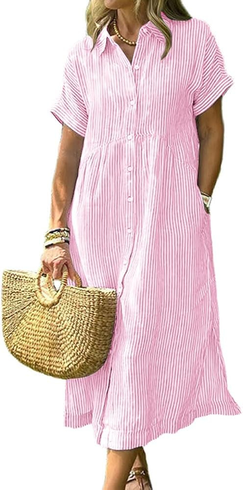 chouyatou Women's Summer Striped Midi Long Shirt Dress Casual Loose Short Sleeve Button Down Dres... | Amazon (US)
