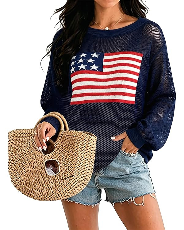 American Flag Sweater Women Crochet Knit USA Tops 4th of July Outfits Casual Boat Neck Pullover S... | Amazon (US)