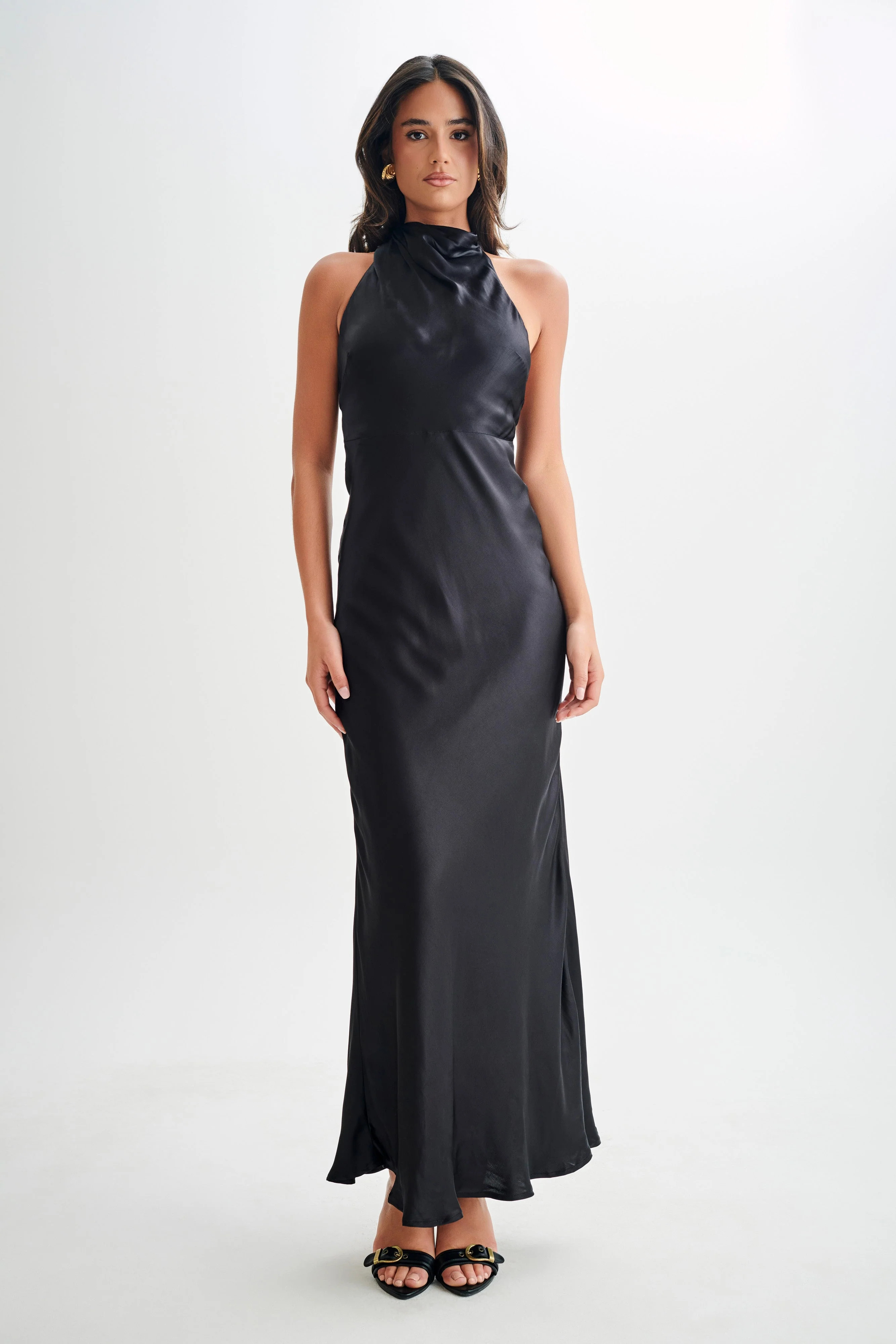 Esther Iridescent Satin Cowl Maxi Dress - Black | MESHKI US