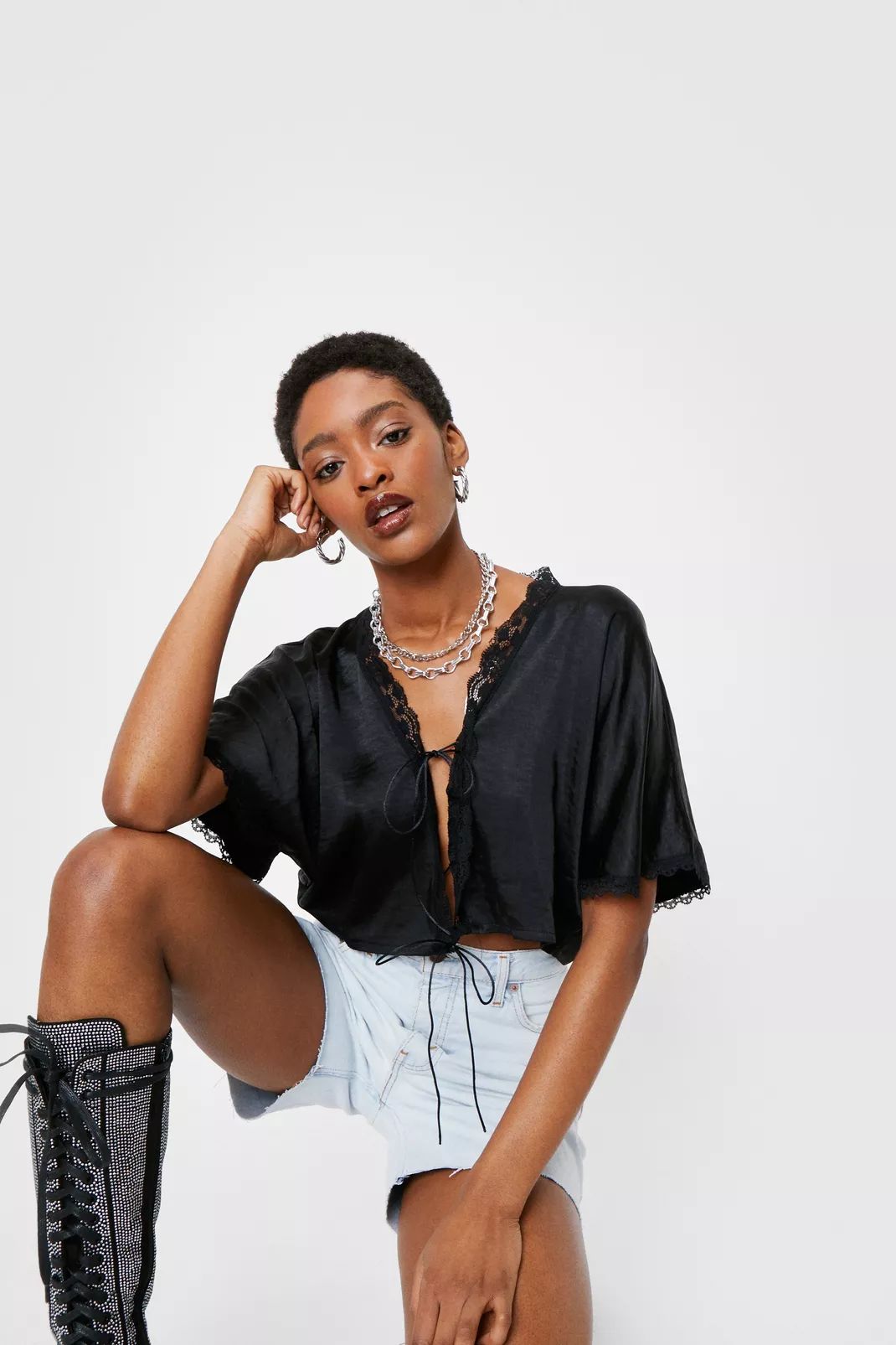 Satin Lace Cropped Tie Blouse | Nasty Gal (US)
