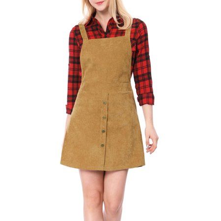 Women Corduroy Button Decor A Line Suspender Overall Skirt Dress Brown/M (US 10) | Walmart (US)