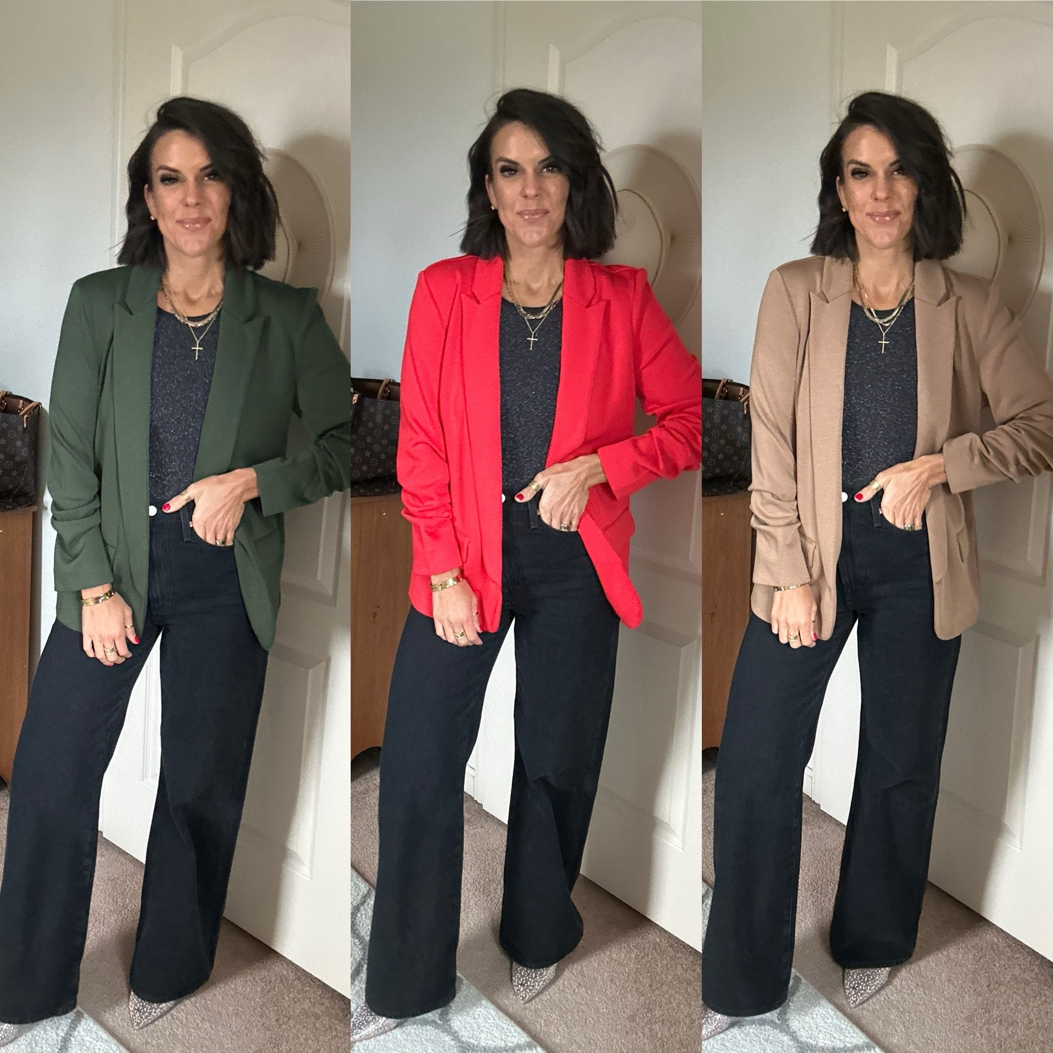 Size small in Walmart blazer and bodysuit. Sized up one size in Levi jeans (no stretch). Amazon heels fit tts 

#LTKHoliday #LTKStyleTip #LTKSeasonal