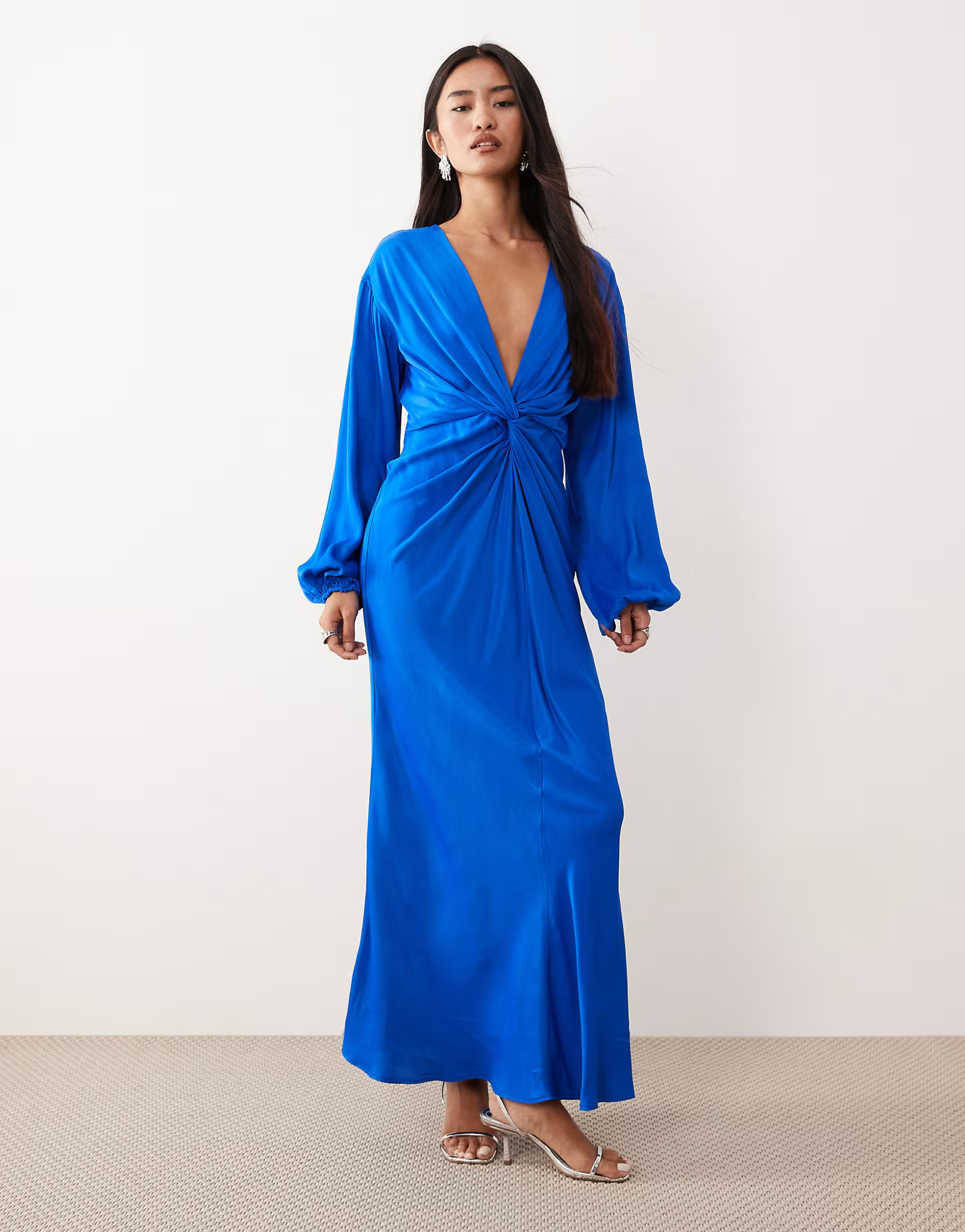 Nobody's Child Adina satin knot front midi dress in blue | ASOS (Global)