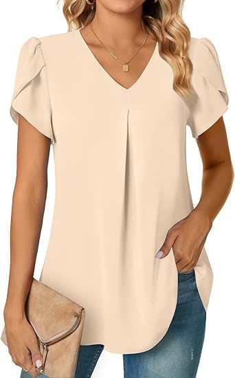 Anyally Women's Summer Dressy Chiffon Blouses V Neck Short Sleeve Tunic Tops for Leggings Casual ... | Amazon (US)
