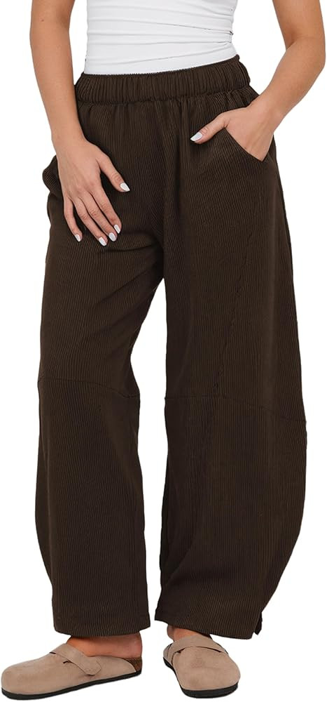 Athlisan Womens Corduroy Pants Wide Leg Cropped Barrel Baggy Elastic Waist Trousers with Pockets | Amazon (US)