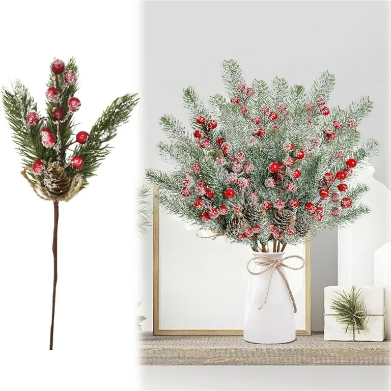 FXMLRLK 1 Pack Snow Frosted Christmas Berries Pine Picks Artificial Red Berry Pine Branches Frost... | Walmart (US)