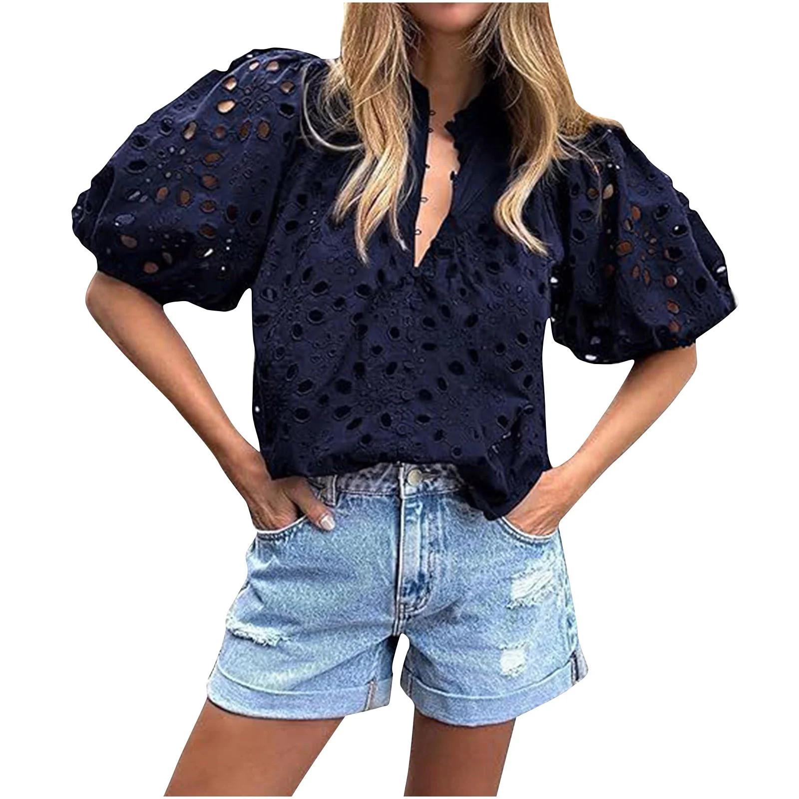jtjvou Women's Summer Tops 2026 Dressy Casual Short Sleeve V Neck Buttons Hollow Eyelet Lace Embr... | Walmart (US)