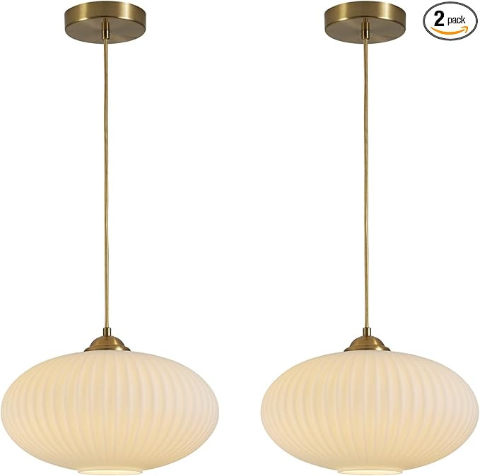 KCO Lighting White Ribbed Glass Pendant Light Modern Antique Brass Pendant Light Gold Large Globe... | Amazon (US)