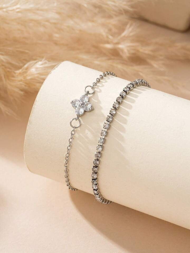 2pcs Elegant Cubic Zirconia Flower Bracelet Sets, Rhinestone Chain Double Layer, Suitable For Women Daily Dates Parties Gatherings | SHEIN