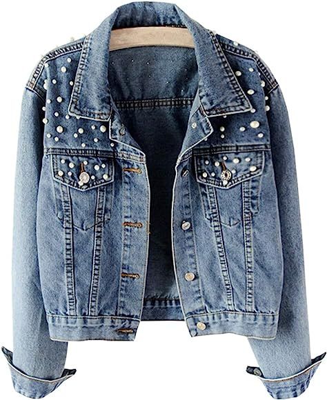 Hixiaohe Women Loose Embroidered Pearls Beading Cropped Denim Jacket Jean Coat | Amazon (US)