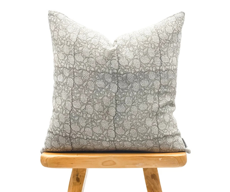 Designer Floral Soft Grey on Natural Linen Pillow Cover Grey | Etsy | Etsy (US)