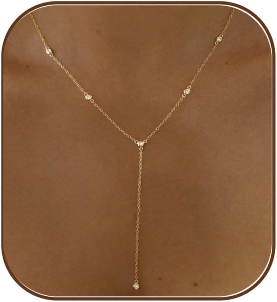 Gold Necklace for Women, Dainty Gold Long Necklaces 14k Gold Plated Prom Lariat Necklace Cute Cho... | Amazon (US)