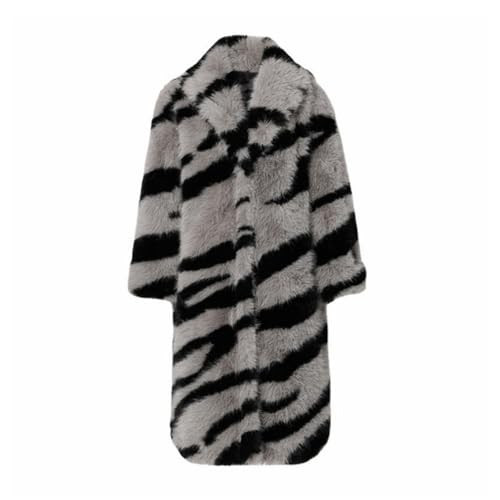 YJKIS Women Warm Zebra Pattern Faux Fur Coat Lapel Long Sleeve Outwear Winter Fluffy Faux Fur Overcoat, Grey, Small | Amazon (US)