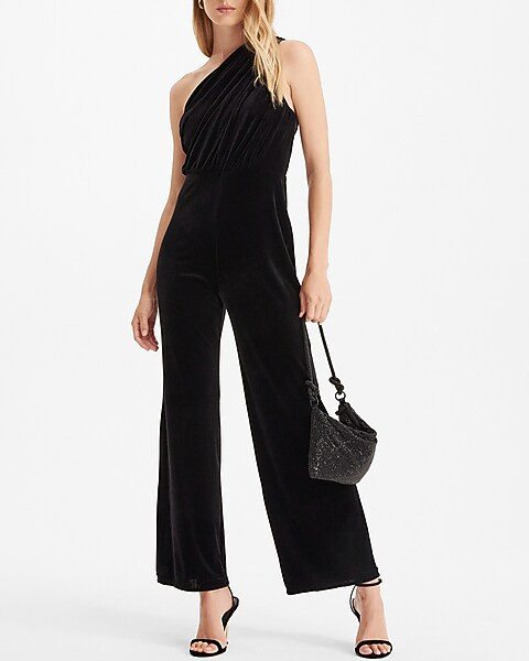 Velvet Body Contour One Shoulder Ruched Wide Leg Jumpsuit | Express