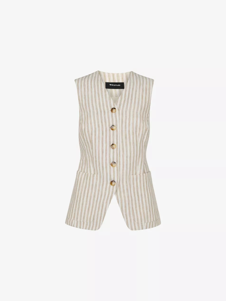 Neutral Striped V-Neck Linen Waistcoat | Selfridges
