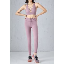 Lace-Up Front Sports Bra and Pockets Leggings Set in Purple | Chicwish