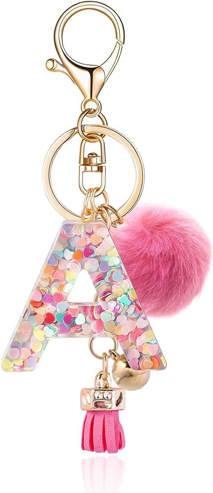 Resin Alphabet Initial Letter Keychain Keyring for Women Purse Handbags With Fur Ball Pom | Amazon (US)