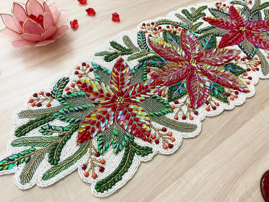 Handmade table runner, luxury beaded runner, poinsettia Christmas centerpiece multicolor, 13x36in | Etsy (US)