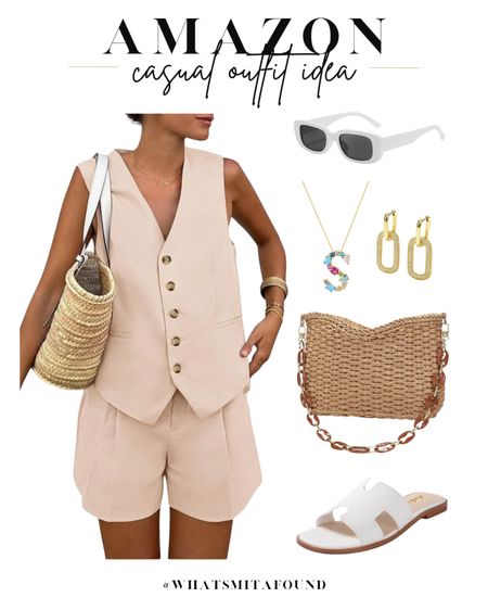Amazon outfit idea, casual outfit idea, summer outfit idea, trendy outfit idea, linen vest set, vest set, two piece vest set, matching vest set, beige vest set, beige vest, beige shorts, linen vest, linen shorts, straw purse; shoulder bag, straw bag, white sandals, slide sandals, summer sandals, initial necklace, colorful necklace, statement necklace, gold earrings, paperclip earrings, white sunglasses,
Trendy sunglasses 

#LTKItBag #LTKShoeCrush #LTKFindsUnder50