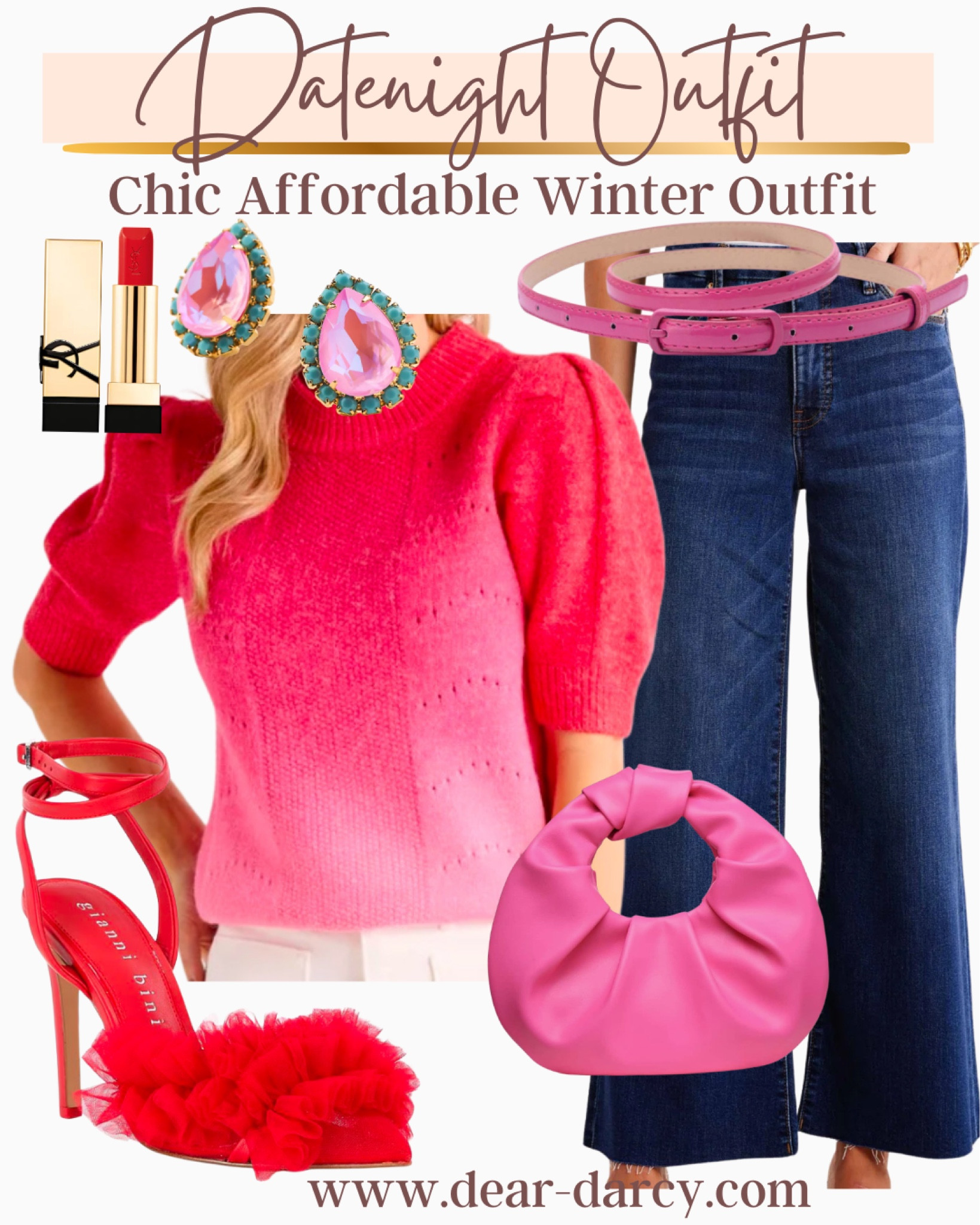 Date night outfit

Red ❤️and pink💕 combo

Red pink sweater tts
Dark wash wide leg jeans with cuff tts

Pink knot bag/clutch

The cutest red ruffle heels/shoes on sale 

Thin Pink metallic belt on sale

A fav YSL red lip butter soft and so good.

Pink studd earring with turquoise stones around … I wear on repeat 

Some great gift ideas as well 
Lipstick, sweater, bag and earrings

#LTKSaleAlert #LTKGiftGuide #LTKStyleTip