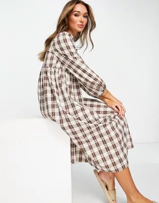 Urban Threads midi smock dress in brown check | ASOS (Global)