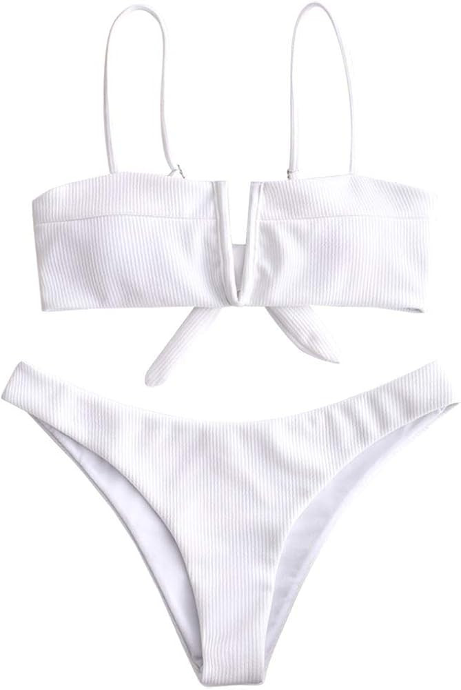 ZAFUL Women's V-Wire Padded Tie Knot Back Ribbed Two Piece Bikini Set Swimsuit | Amazon (US)