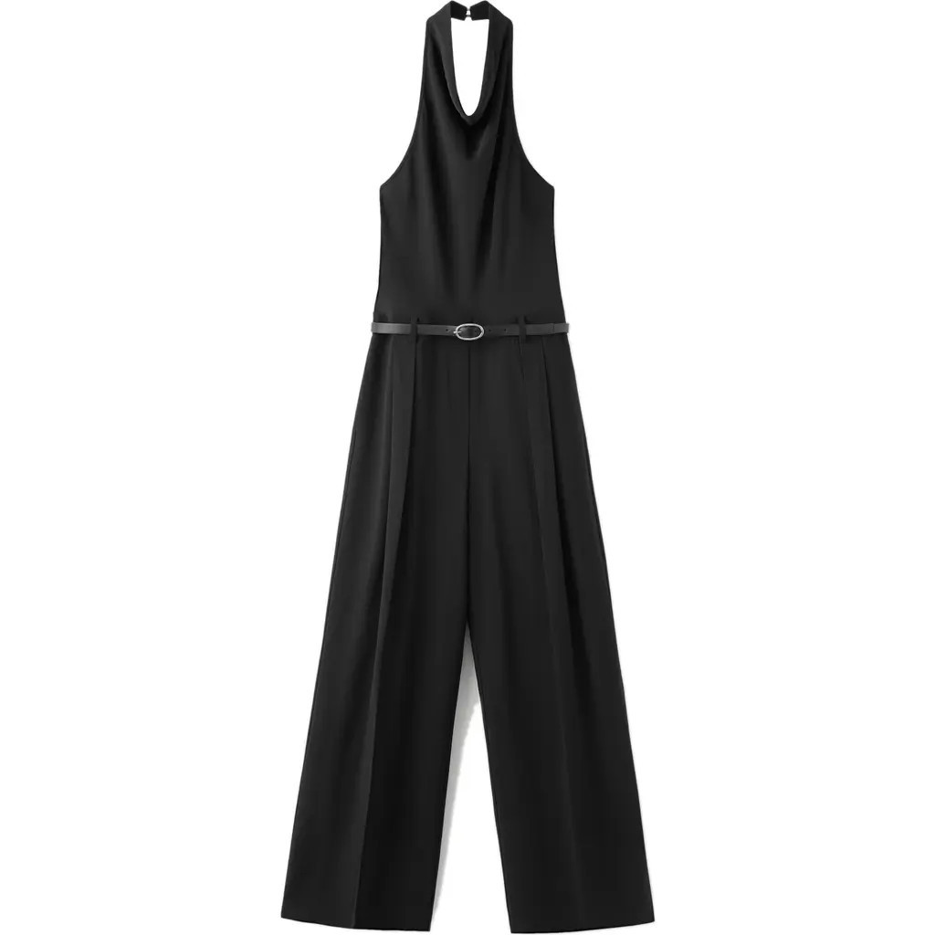 MANGO Halter Neck Belted Jumpsuit in Black at Nordstrom, Size Small | Nordstrom