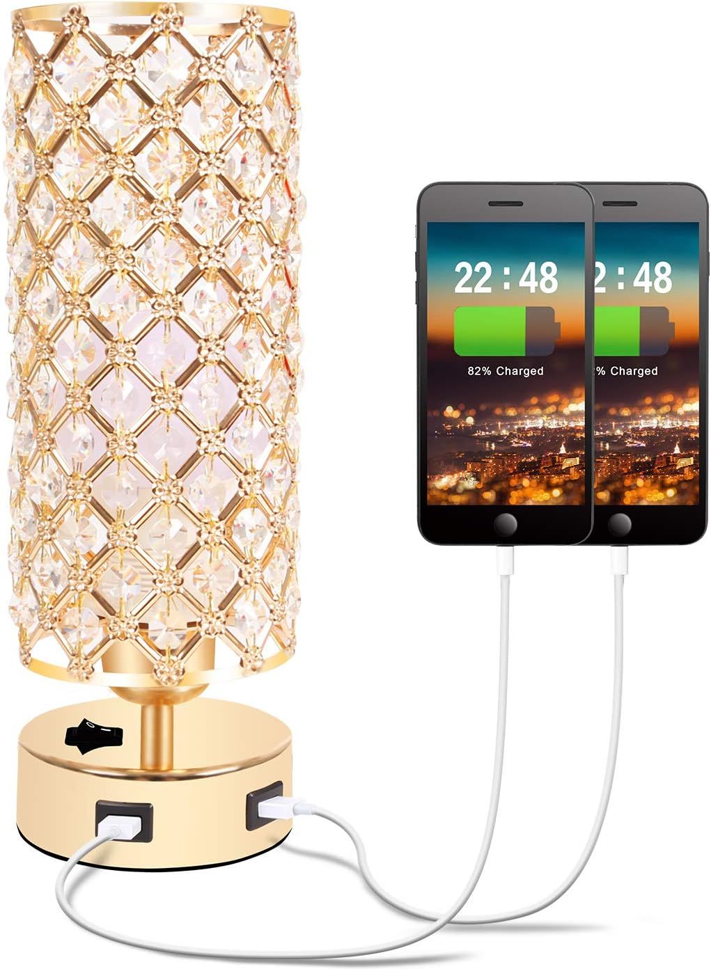 USB Crystal Table Lamp, Gold Table Lamp with Dual USB Charging Ports, Bedside Light Metal Base St... | Amazon (US)