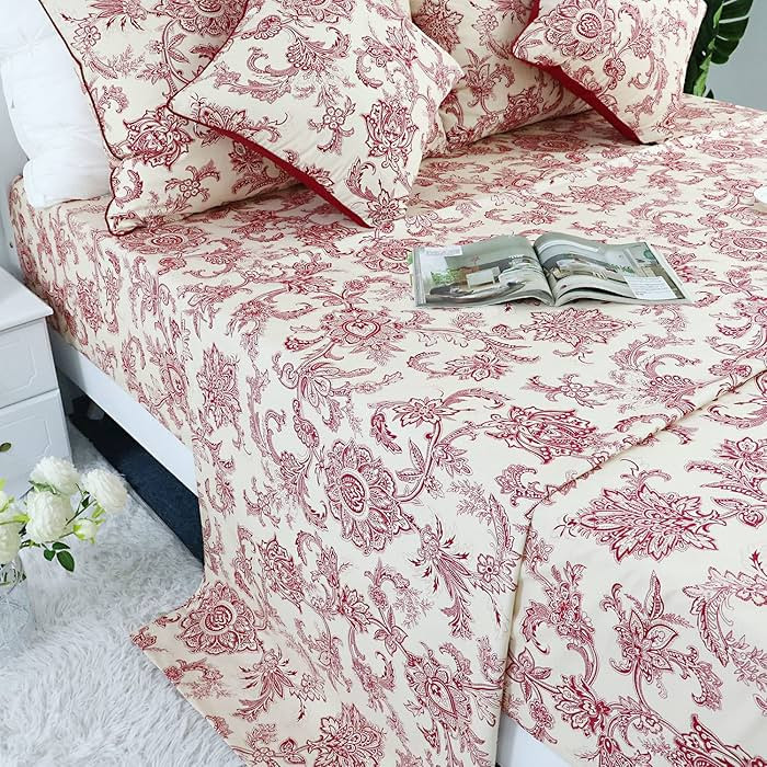 FADFAY Red Floral Bedding Elegant Bed Sheets Set Luxury Bedding Collections 800 Thread Count 100%... | Amazon (US)